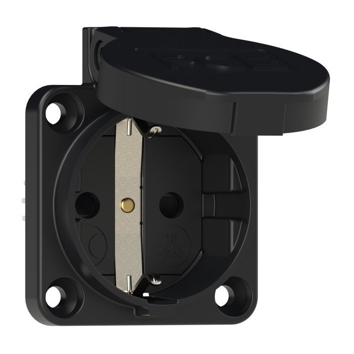 Prise SCHUKO noire 16A 2P+T 230V IP54 bornes à ressort 90° main product photo