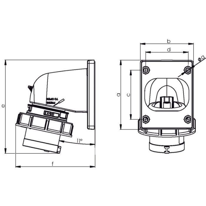 Plan connecteur saillie angle 90 degré 230V 2P + T IP67