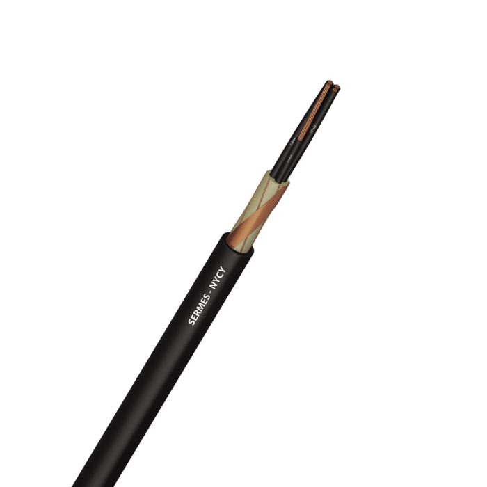 Câble SERMES NYCY, pour une utilisation comme câble de puissance ou de commande pour des installations en pose fixe, en intérieur ou en extérieur, directement enterré ou coulé dans du béton et dans l’eau.